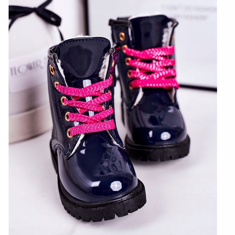 Mit Pelz gewärmte Kinderstiefel, Lackiert Navy Pinkie marineblau 3