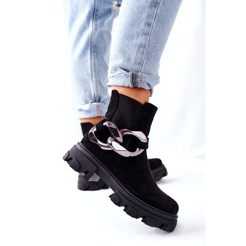 S.Barski Isolierte Stiefel der Frauen, schwarze Chelsea -Stiefel mit einer Verzierung 2