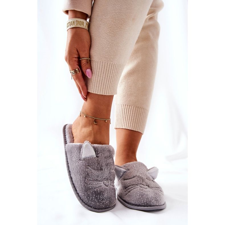 PE1 Glänzende Kätzchenhausschuhe mit grauen Kaisy-Ohren silber- 1