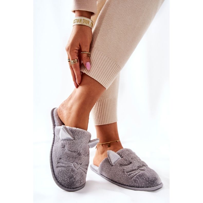 PE1 Glänzende Kätzchenhausschuhe mit grauen Kaisy-Ohren silber- 2