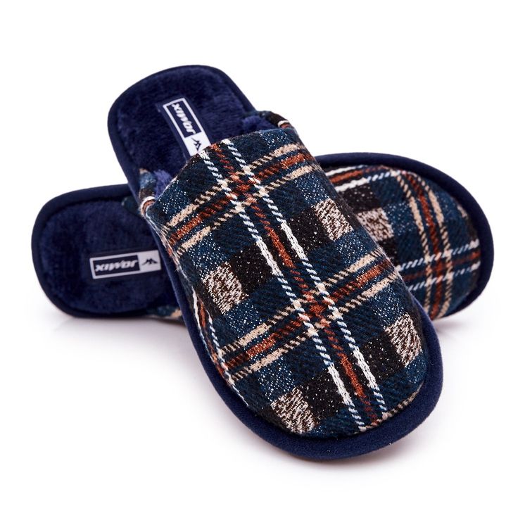 WJ1 Warme Marineblau karierte Hausschuhe für Herren Whisper beige navy blau 2