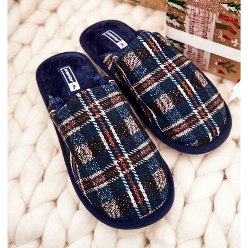 WJ1 Warme Marineblau karierte Hausschuhe für Herren Whisper beige navy blau 1