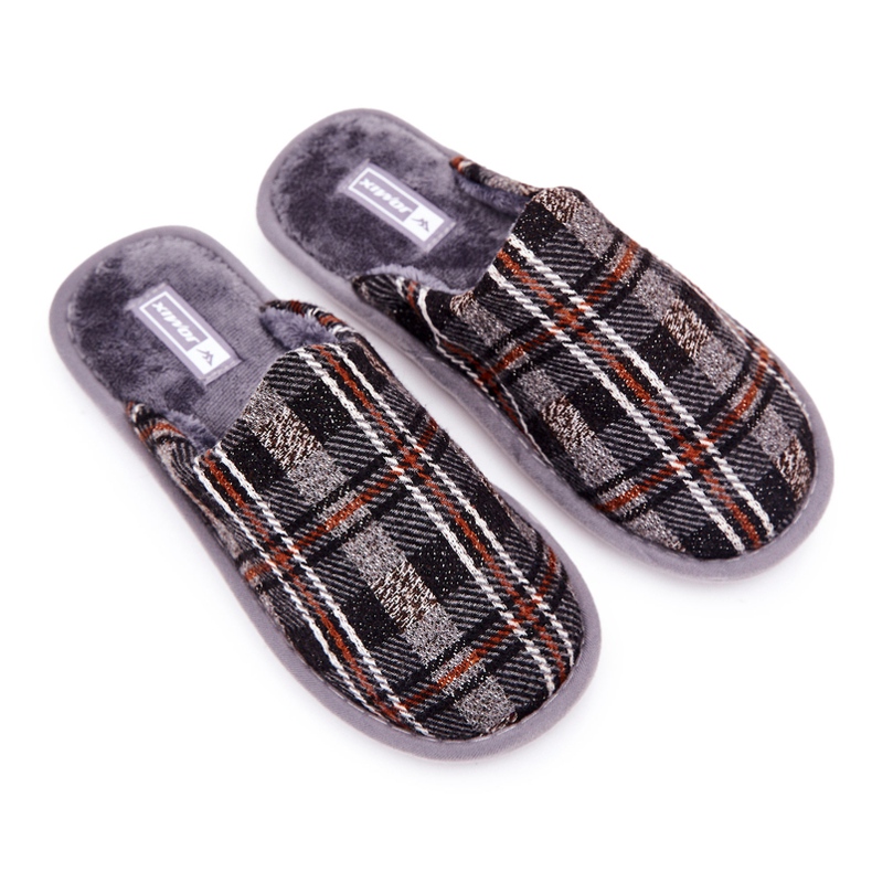 WJ1 Warme grau karierte Herrenhausschuhe Whisper braun 1