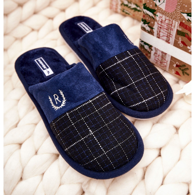 WJ1 Warme karierte Hausschuhe Marineblau Blase navy blau 2