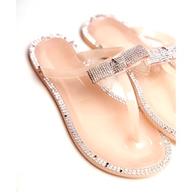 LU BOO Damen Gummi Hausschuhe Rosa Nude Flip-Flops Strass Lou beige silber- 3