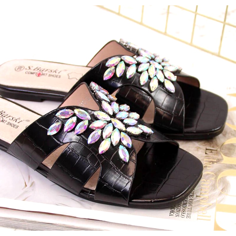 Schwarze Hausschuhe mit Steinen S. Bararski W OLI104 4