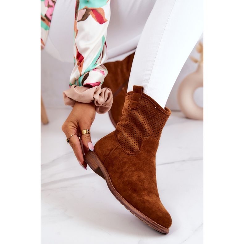 S.Barski Durchbrochene Damenstiefel aus Wildleder Camel Lemar braun 1