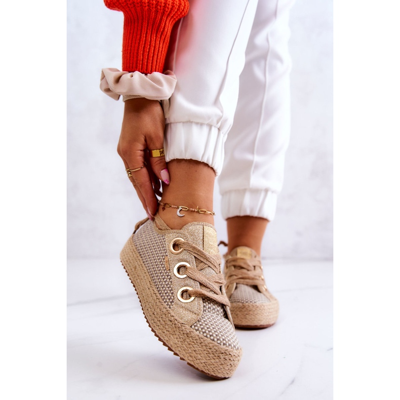 Damen geflochtene Turnschuhe Big Star JJ274392 Beige und Gold 1