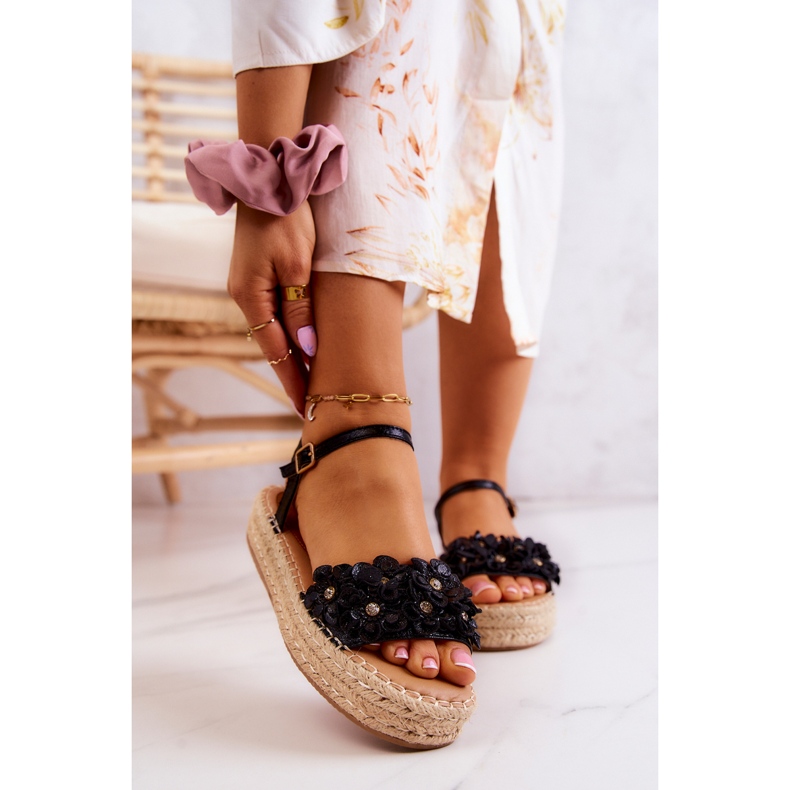FW1 Damensandalen Espadrilles mit Blumen Schwarz Marlon 1