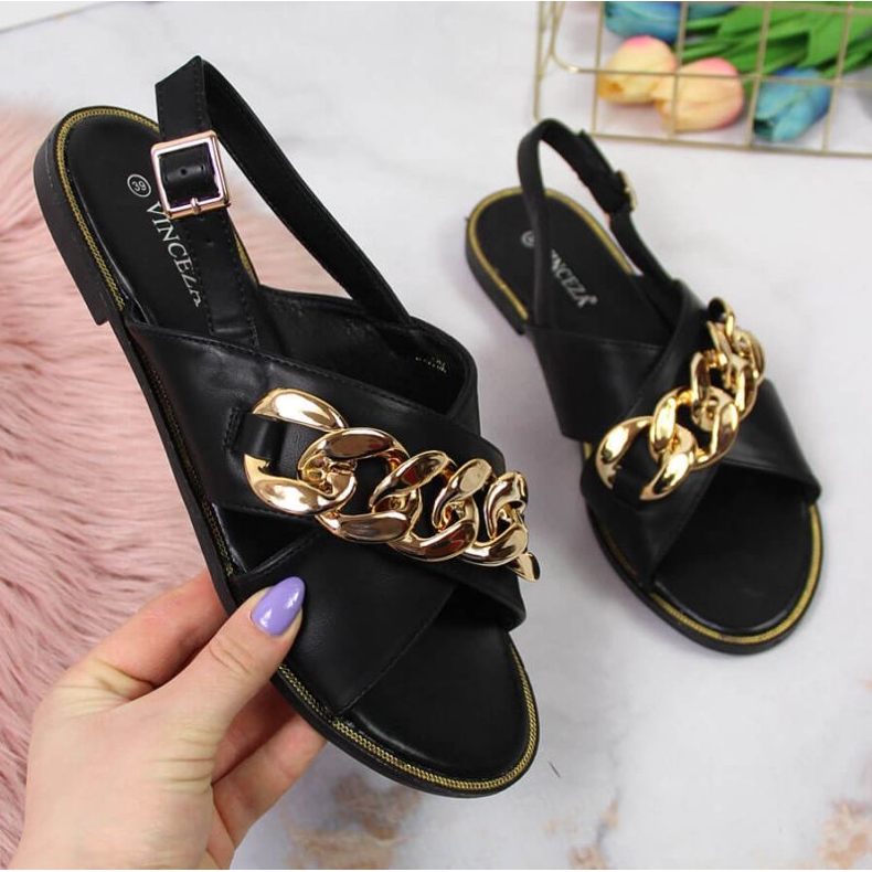 Schwarze Vinceza W JAN116A Sandalen mit Kette 1