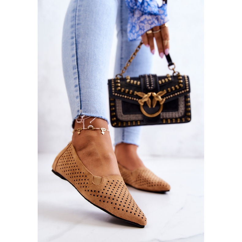 LU BOO Durchbrochene Ballerinas für Damen Slip-on Camel Rosario braun 2