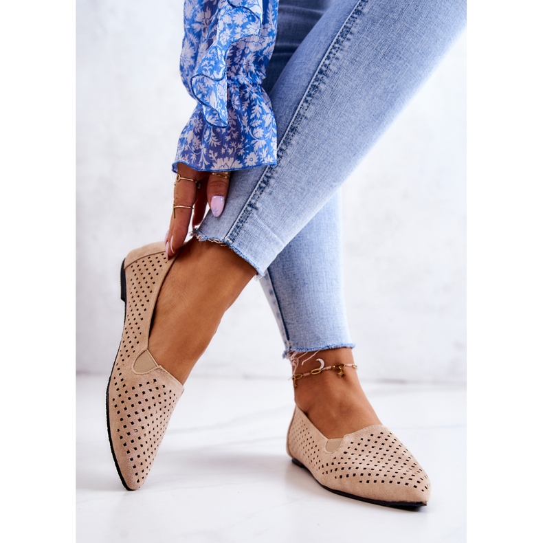 LU BOO Durchbrochene Damen-Ballerinas zum Hineinschlüpfen Beige Rosario 2