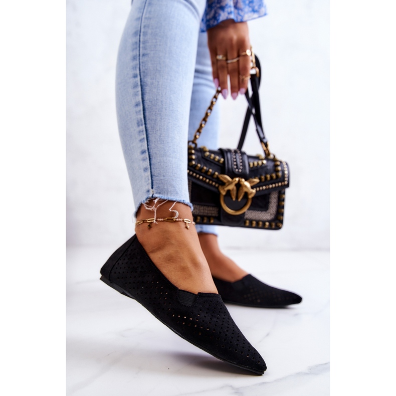 LU BOO Openwork Damen Ballerinas Slip-on Schwarz Rosario 1