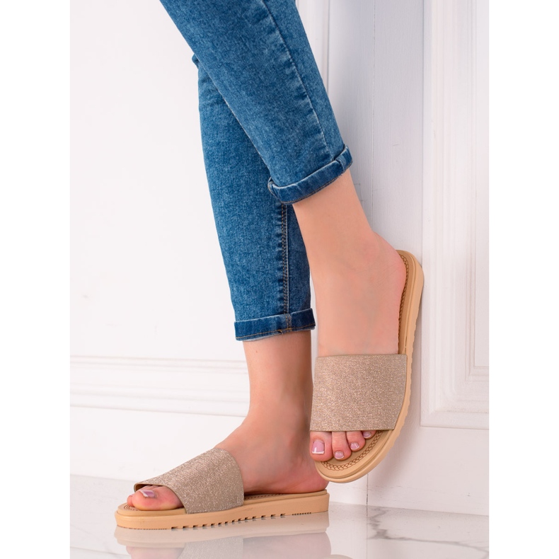 TRENDI Glitzer Hausschuhe beige 1