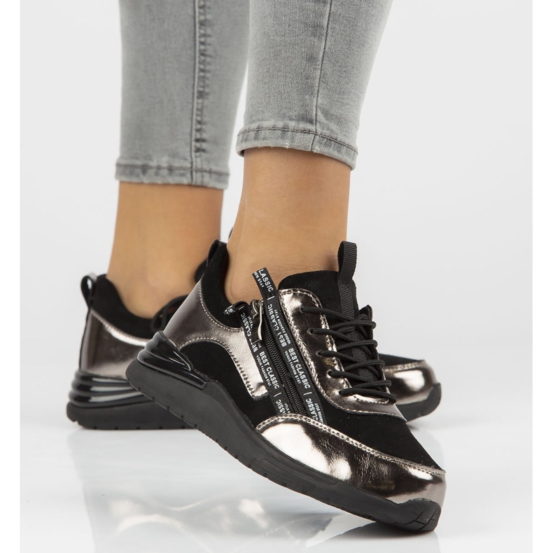 Lederturnschuhe Filippo DP3149 / 21 Bk Gn dunkles Nickel schwarz silber- 1