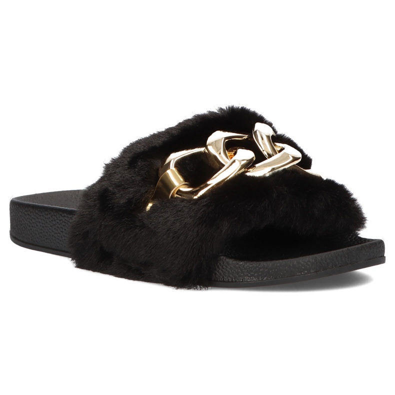 Filippo Schwarze Hausschuhe mit Fell, goldene Kette QT300 1