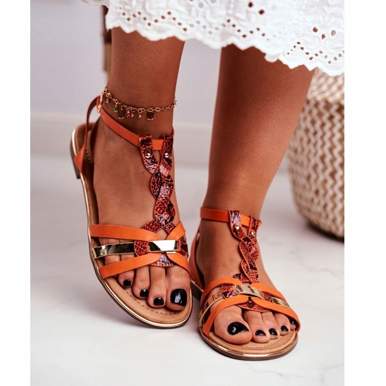 Frauen elegante Sandalen Orange Schlange Öko-Leather 3