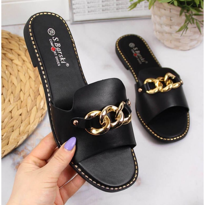 Schwarze Pantoffeln mit Kette W S. Barski 1