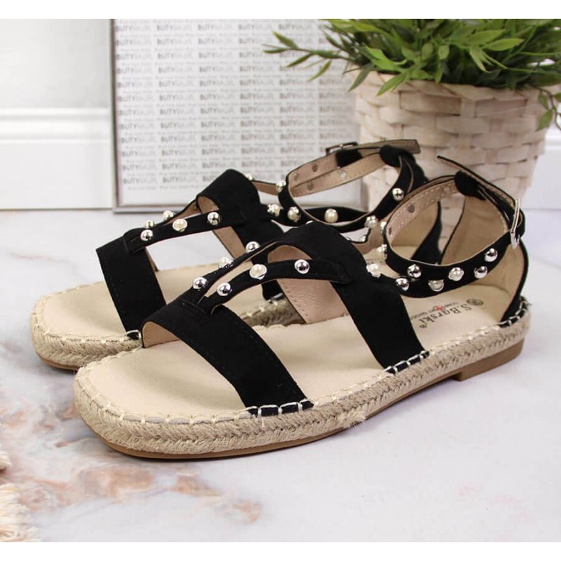 Schwarze Sandalen Espadrilles mit Perlen W S.Barski 2