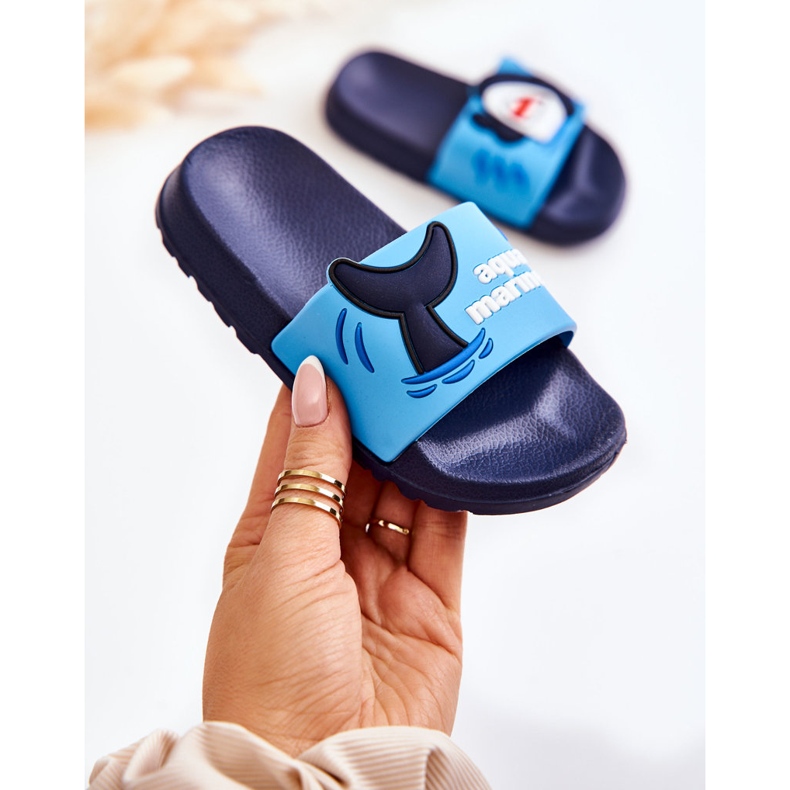 Hellblaue und marineblaue Sharky-Hausschuhe für Kinder 1