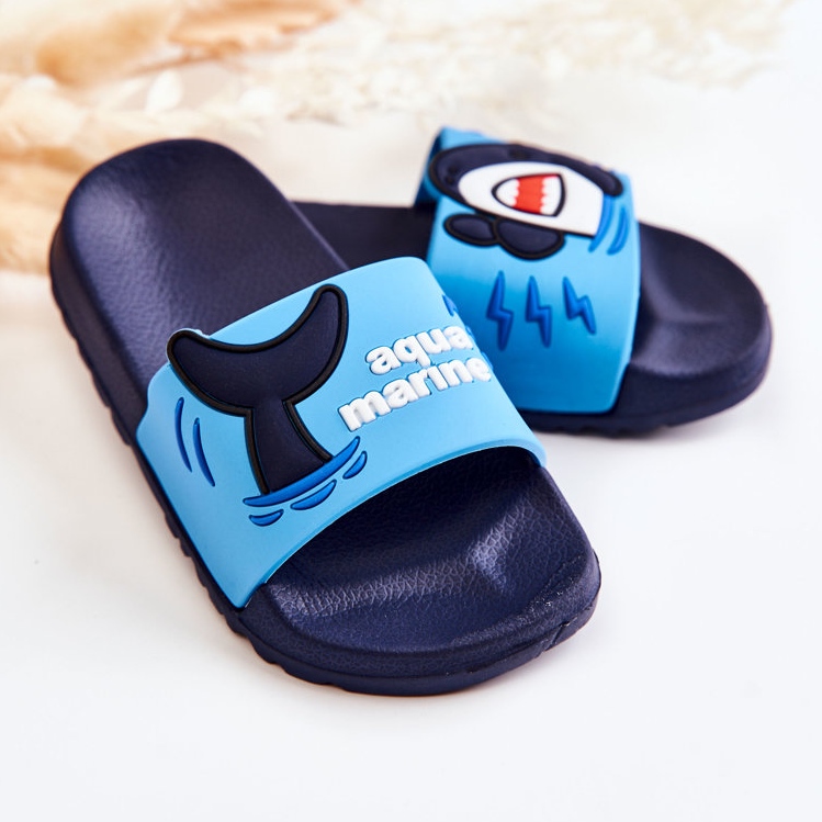 Hellblaue und marineblaue Sharky-Hausschuhe für Kinder 2