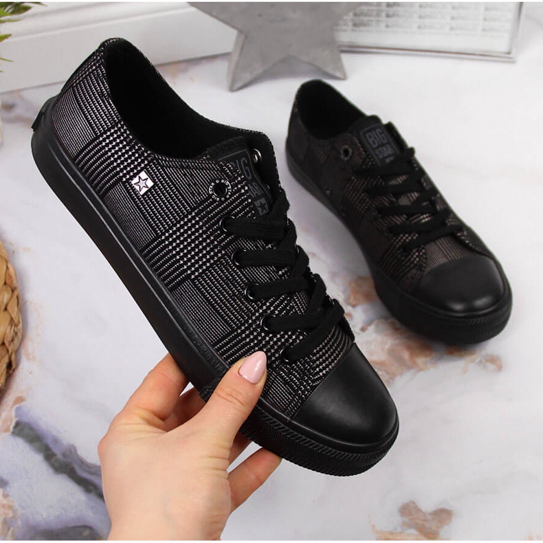 Schwarze Big Star JJ274100 karierte Low-Top-Sneakers aus Textil 1