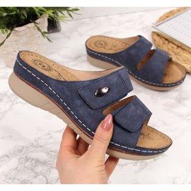 Bequeme marineblaue eVento-Hausschuhe für Damen mit Klettverschluss 1