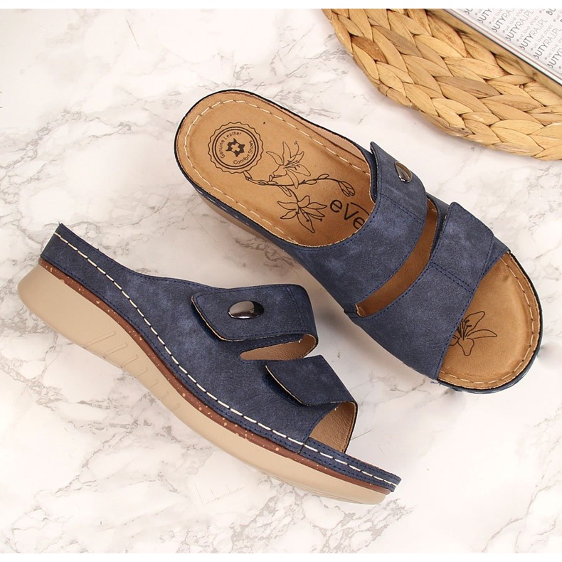 Bequeme marineblaue eVento-Hausschuhe für Damen mit Klettverschluss navy blau 2