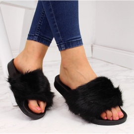 Schwarze Jezzi Damenhausschuhe mit Fell 1