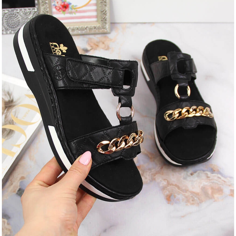 Schwarz Rieker V5929-00 Schwarze Damenhausschuhe mit Kette 1