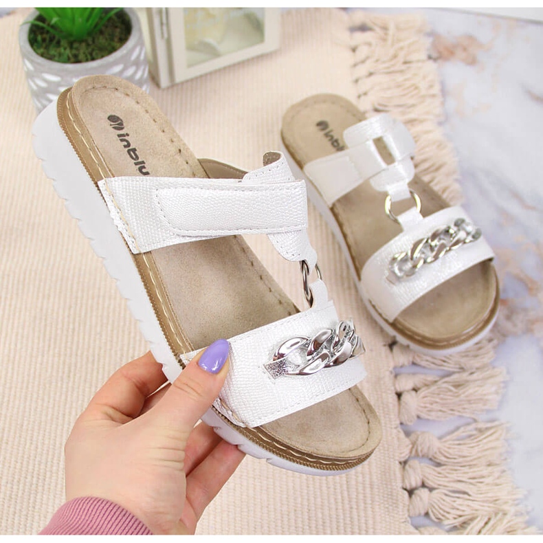 Weiße Inblu-Klettverschluss-Hausschuhe für Damen mit einer Kette 1