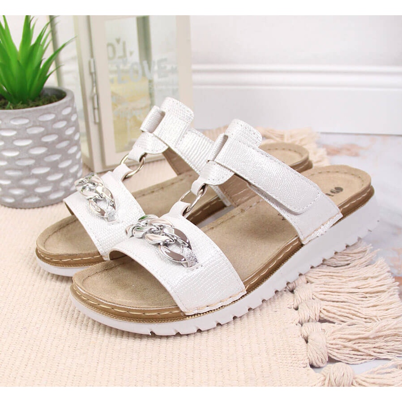 Weiße Inblu-Klettverschluss-Hausschuhe für Damen mit einer Kette 2