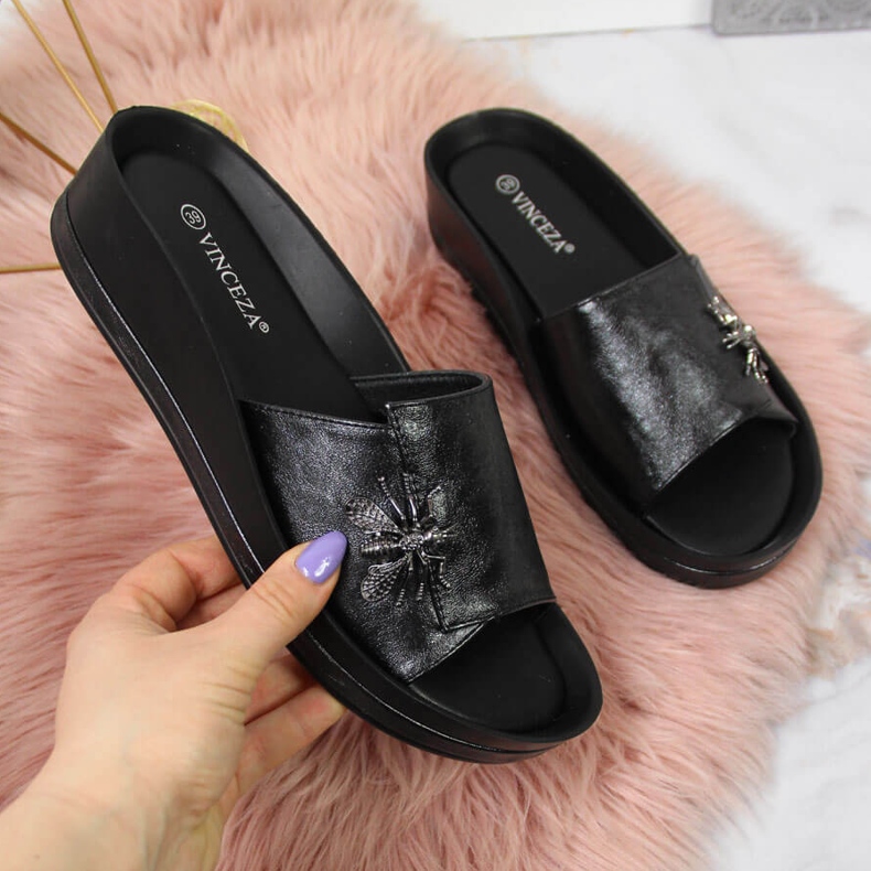 Schwarze Keilpantoffeln für Damen mit Schleife Vinceza 1