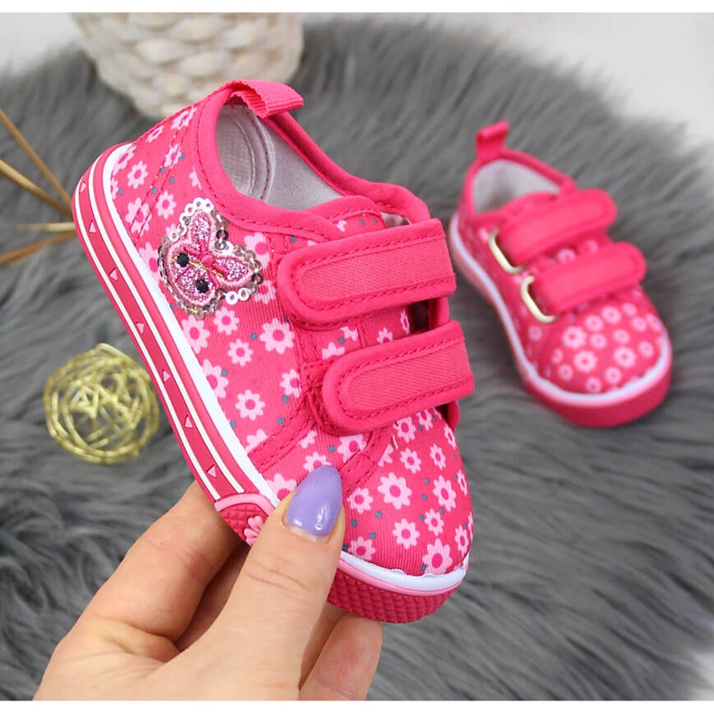 Atletico Mädchen-Sneakers mit rosafarbenem Klettverschluss und Blumen 1