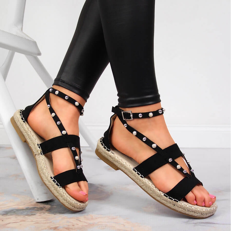S.Barski Schwarze Sandalen für Damen Espadrilles mit Perlen von S. Barski 1