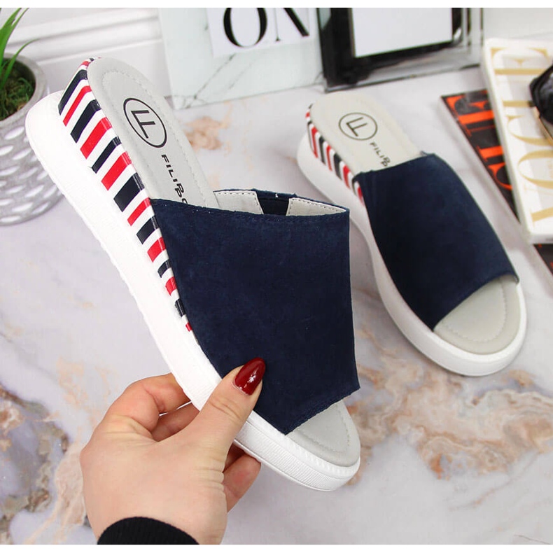 Damen-Lederpantoffeln auf Keilabsatz Marineblau Filippo 1