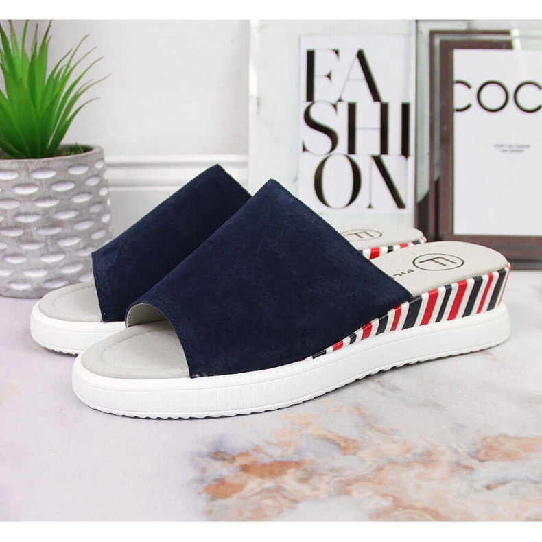 Damen-Lederpantoffeln auf Keilabsatz Marineblau Filippo 2