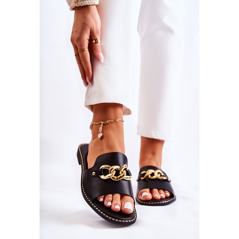 S.Barski Modische schwarze Finess-Hausschuhe mit einer Kette an einem flachen Absatz 1