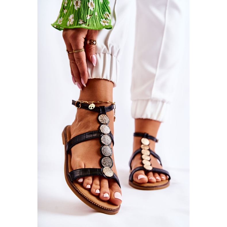 FJ1 Damensandalen mit dekorativem Gürtel Schwarz Seila golden 2