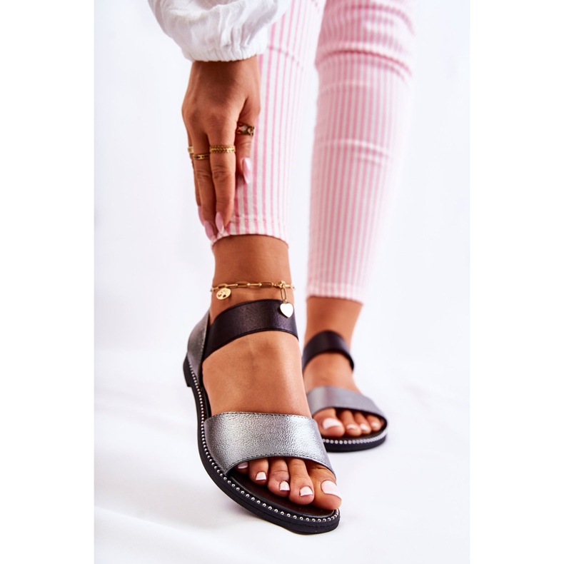 S.Barski Klassische Sandalen mit Nieten Dunkelsilber Shelly schwarz 1