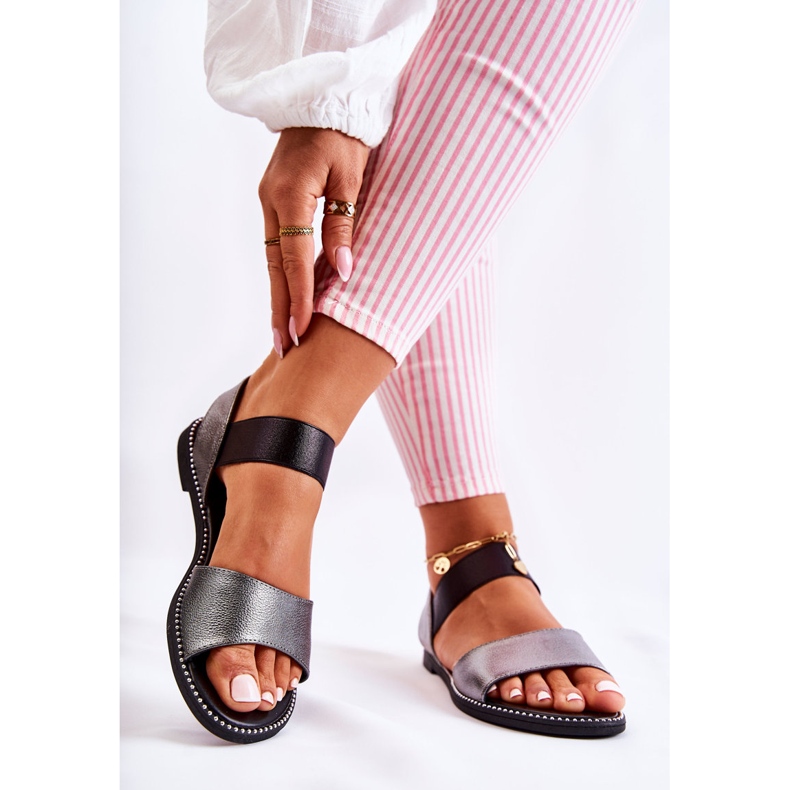 S.Barski Klassische Sandalen mit Nieten Dunkelsilber Shelly schwarz 2