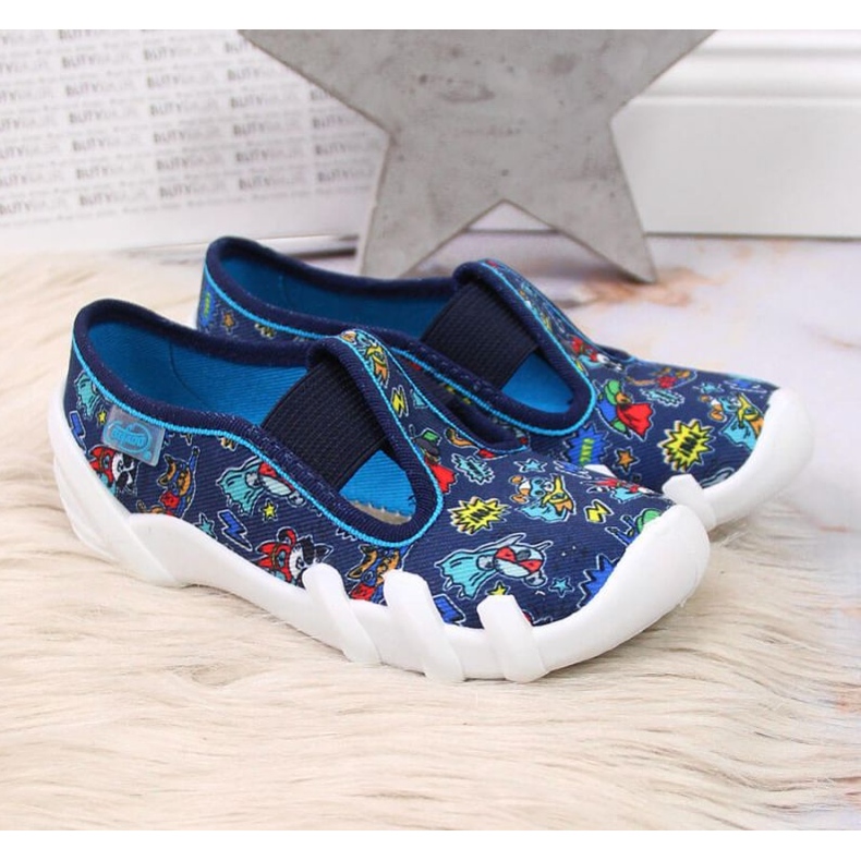 Hausschuhe für den Kindergarten an Gummibändern, marineblau Jr. Befado 2