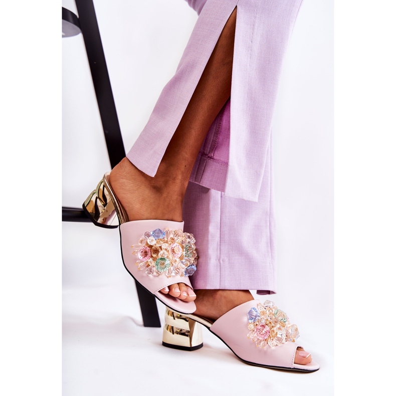 PA2 Damenschuhe aus Leder auf High Heels mit rosa Calinda-Dekoration 2