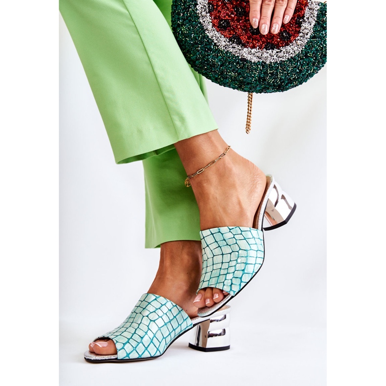 Leder Damenhausschuhe Krokodil auf Ferse Hellgrün Perry 2