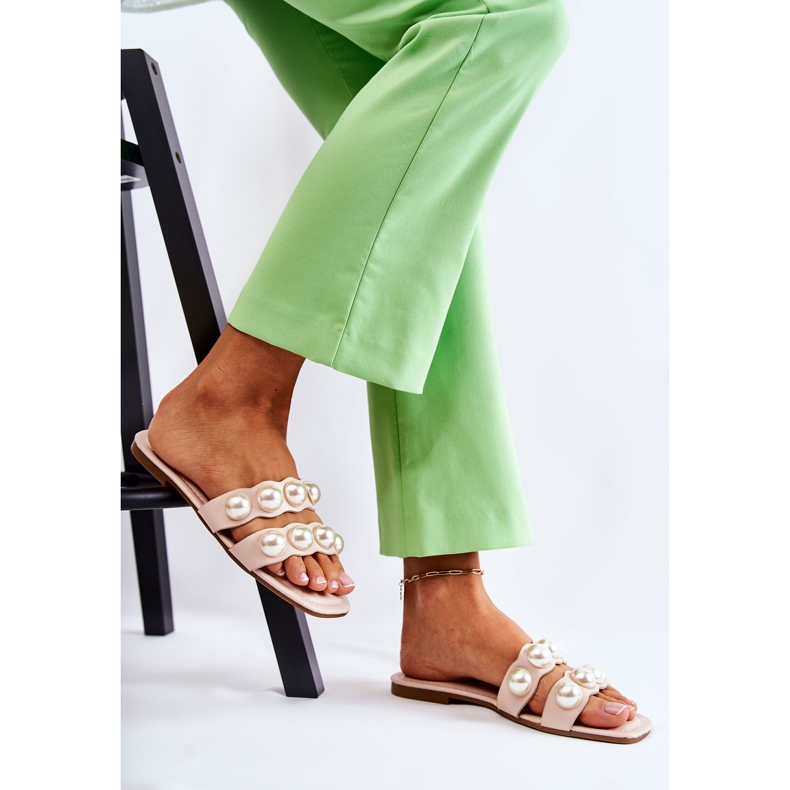 PG1 Damen-Slipper aus Leder mit dekorativen Lasello-Perlen beige 2