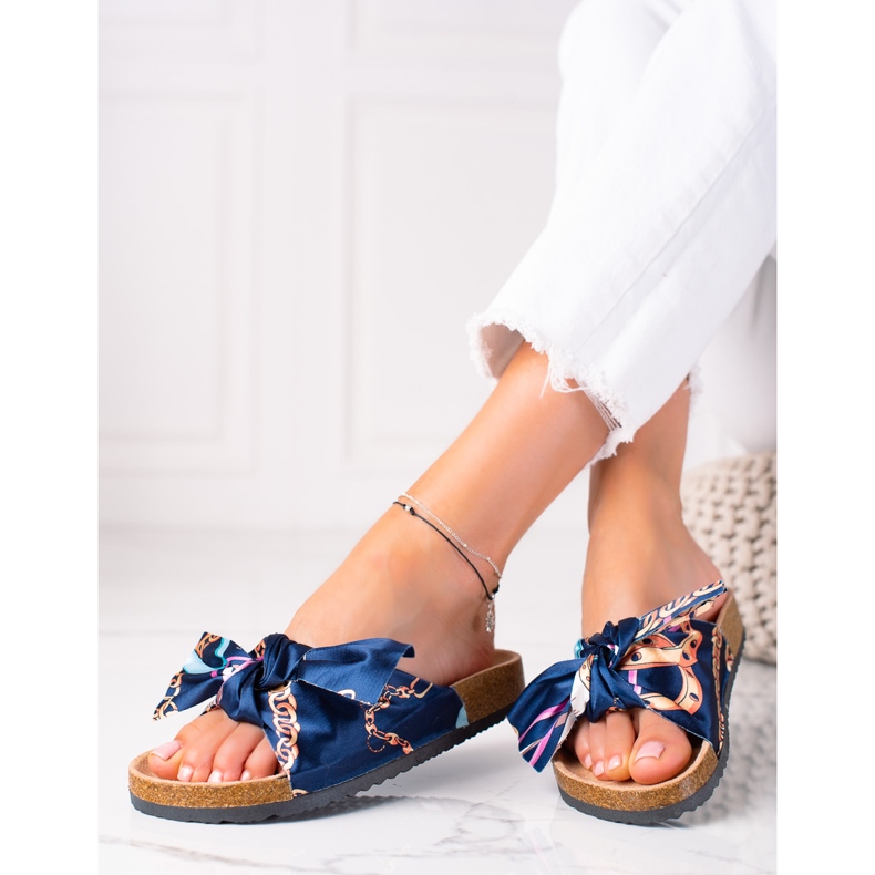 SHELOVET Blaue Hausschuhe mit Schleife marineblau 1