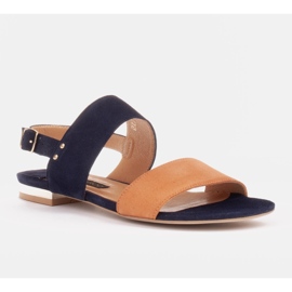 Marco Shoes Flache Sandalen aus natürlichem Wildleder mit Metallic-Absatz beige marineblau 1