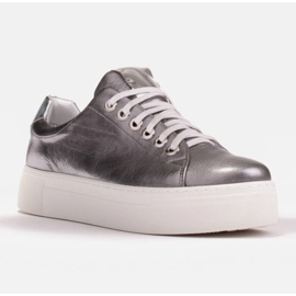 Marco Shoes Damen Sneaker aus echtem Leder auf dicker Sohle braun silber- 1