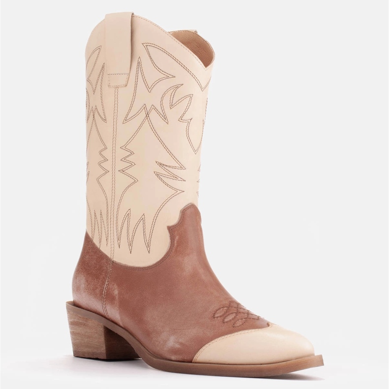 Marco Shoes Bestickte Cowboystiefel aus Leder mit Vintage-Effekt beige braun 1