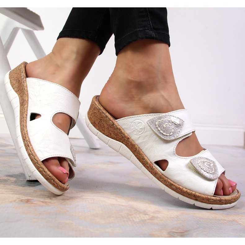 Weiße Rieker V7151-80 Damen-Lederhausschuhe mit Klettabsatz 1